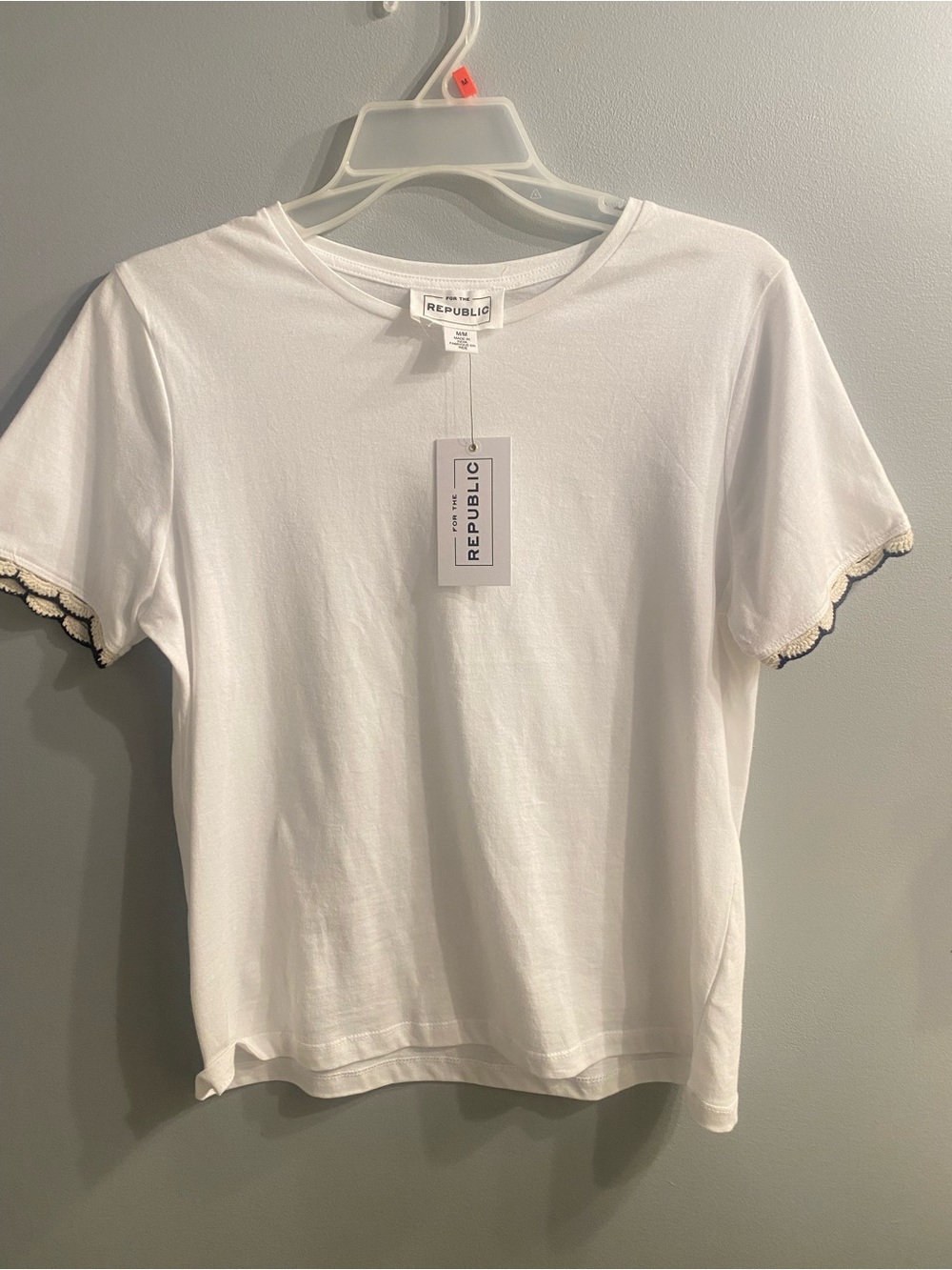 For The Republic White Short Sleeve Tee with Scalloped Trim